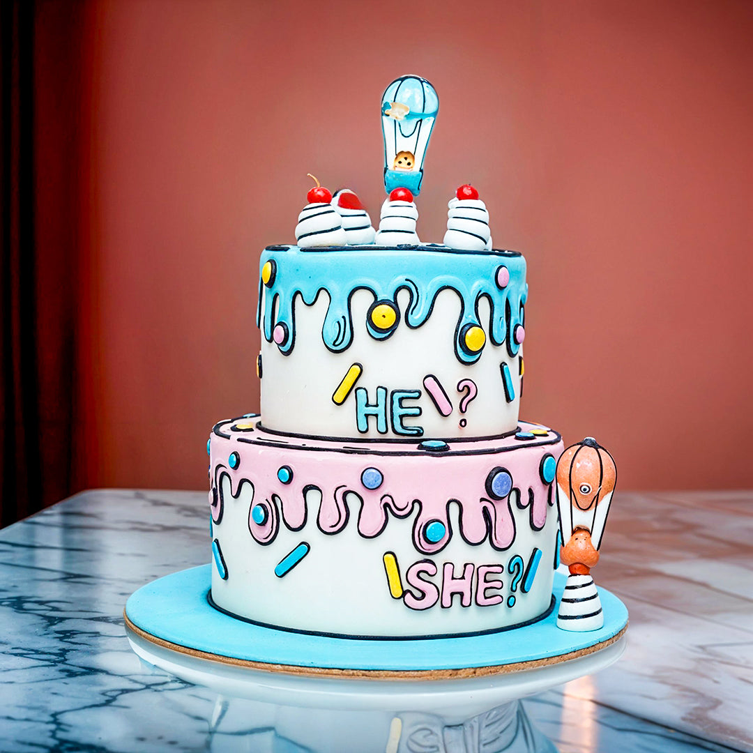 HE OR SHE 2 TIER CARTOON CREAM CAKE