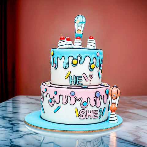 HE OR SHE 2 TIER CARTOON CREAM CAKE