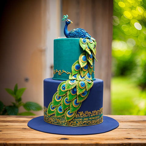 ROYAL PEACOCK 2 TIER FONDANT CAKE