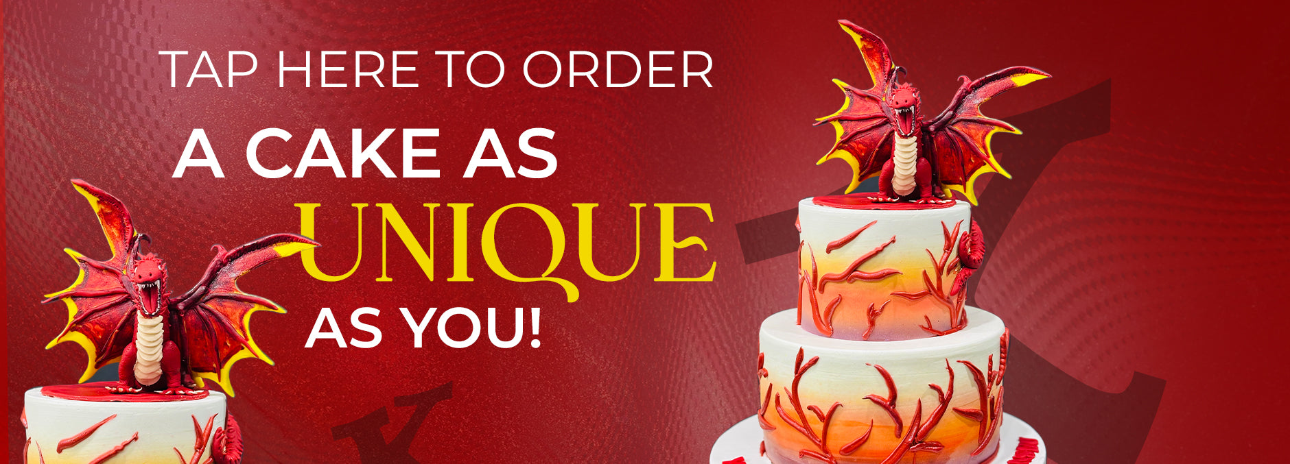 Custom dragon-themed cake with fiery decorations and ordering text.