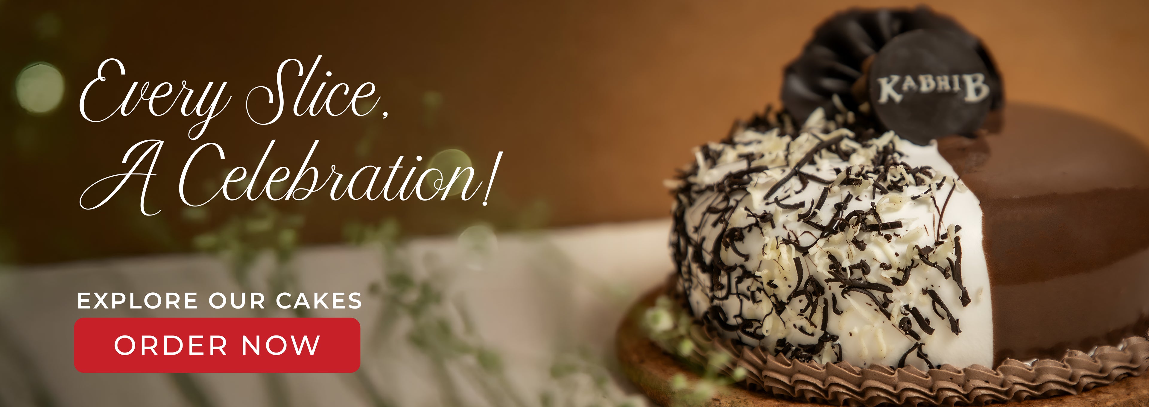 Delicious chocolate and vanilla cake with festive text and 'Order Now' button.