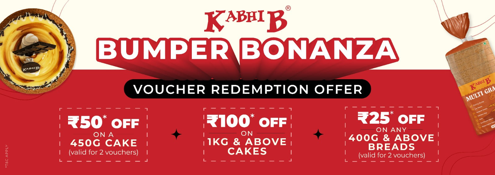 Kabhi B Bumper Bonanza voucher redemption offer with discounts on cakes and breads.